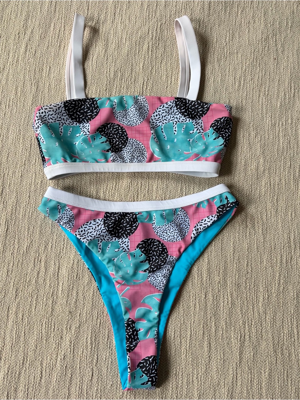 Moana Bikini 80s Printed Reversible Blue Swimwear High Waisted Set Size Small
